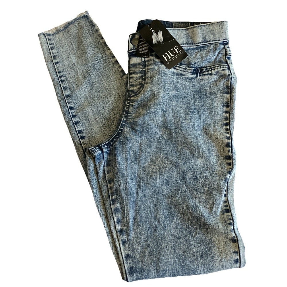 Hue Studio Leggings Women Small Blue New Acid Wash Mid-Rise Jeggings C816